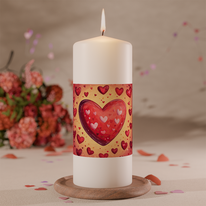 Weiße Valentinskerze mit warmem Herzmotiv in Rot- und Goldtönen
