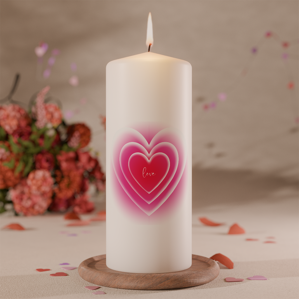Weiße Valentinskerze mit weichem Herzmotiv in Rosa- und Pinkverlauf und Schriftzug „love“