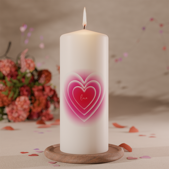 Weiße Valentinskerze mit weichem Herzmotiv in Rosa- und Pinkverlauf und Schriftzug „love“