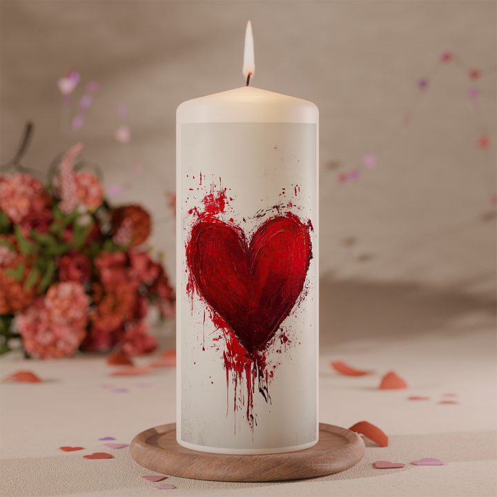 Weiße Valentinskerze mit expressivem rotem Herzmotiv im modernen Kunststil