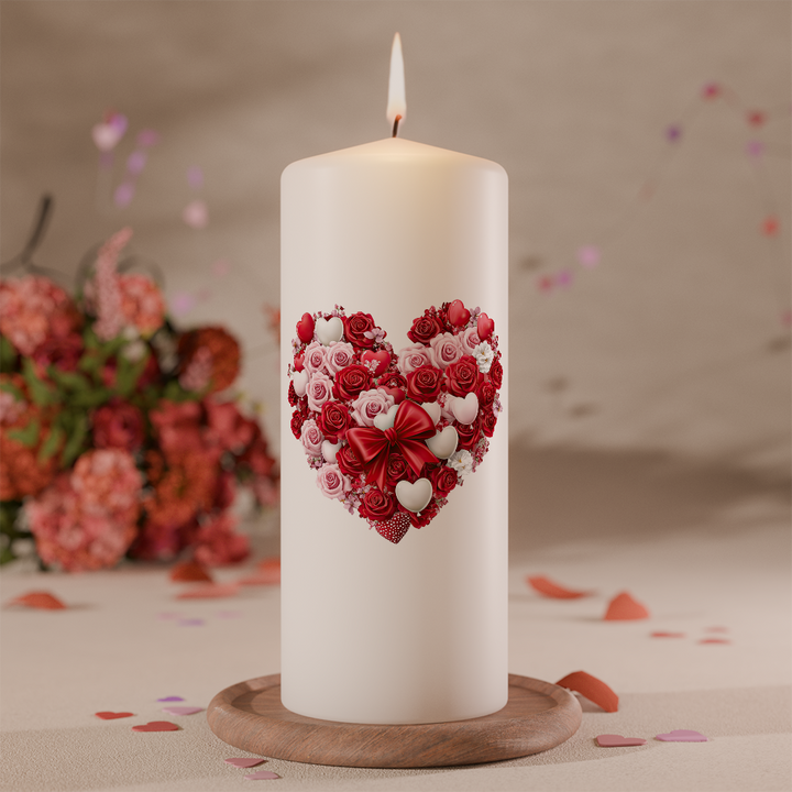 Weiße Valentinskerze mit floralen Rosenherz in Rot und Rosa mit dekorativer Schleife