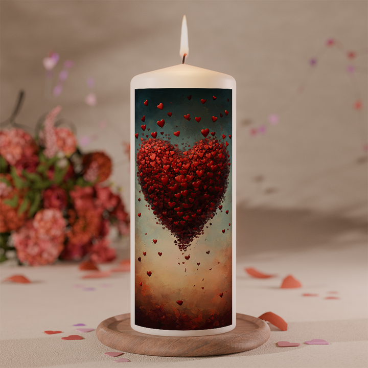 Weiße Valentinskerze mit schwebendem Herz aus vielen kleinen roten Herzen vor dunklem Hintergrund