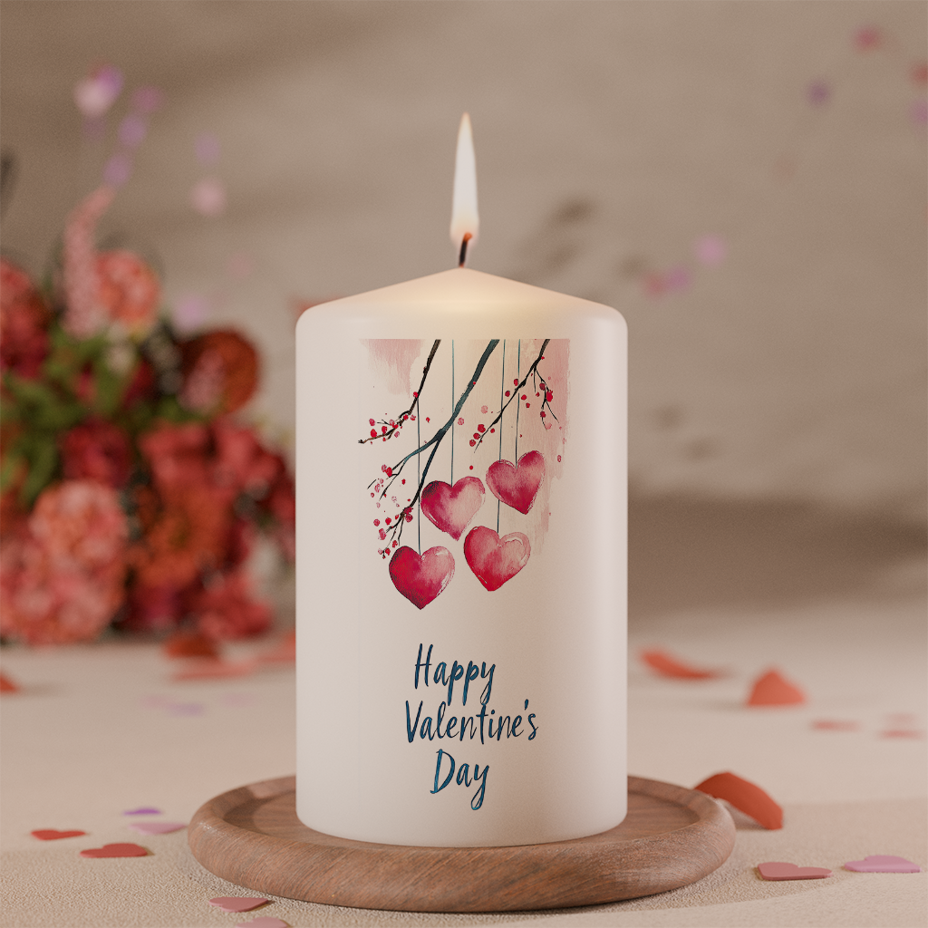 Weiße Kerze mit Aquarell-Herzmotiven an Zweigen und Schriftzug Happy Valentine’s Day