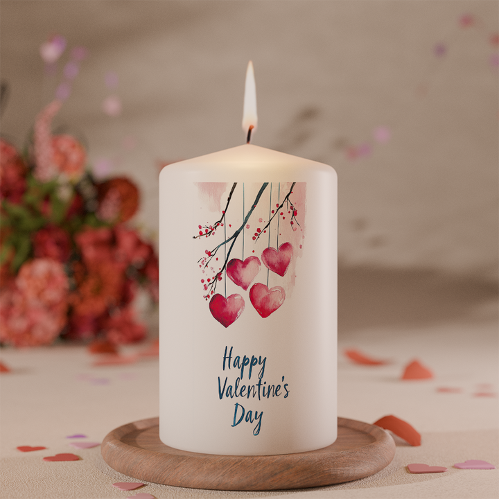 Weiße Kerze mit Aquarell-Herzmotiven an Zweigen und Schriftzug Happy Valentine’s Day