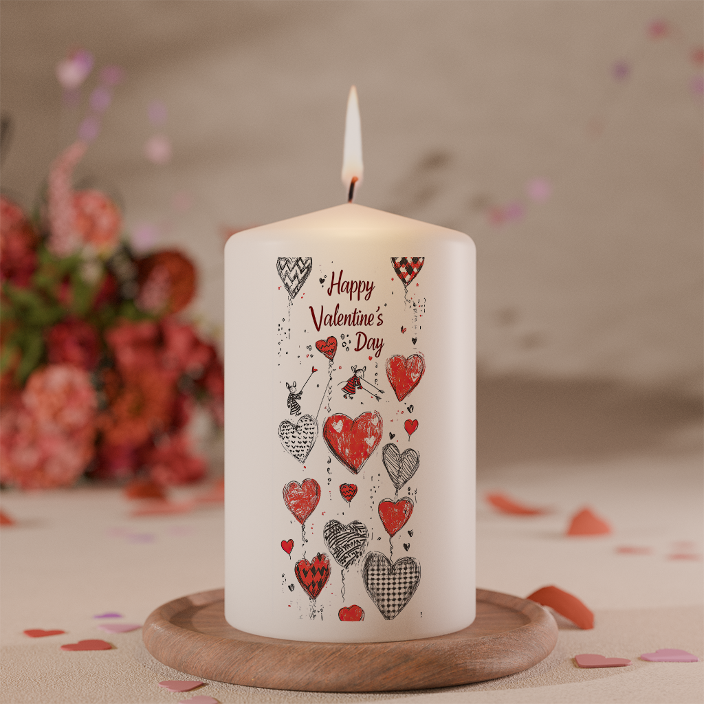 Weiße Kerze mit handgezeichneter Illustration aus roten und schwarzen Herzmotiven und Schriftzug Happy Valentine’s Day