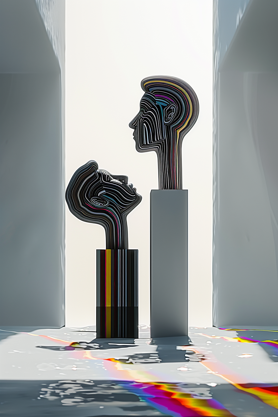 Zwei stilisierte Köpfe aus Linien und Farben stehen sich auf Podesten gegenüber, verbunden durch Licht und Spiegelungen – Symbol für Dualität, Nähe und Gleichklang.
