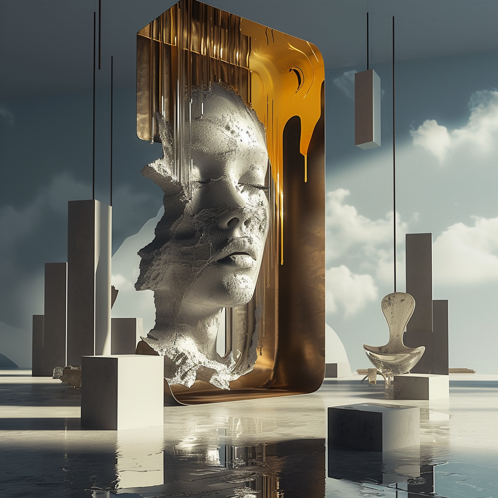 Surreale Architektur mit einer halb zerstörten, monumentalen Gesichtsstruktur aus Stein und Gold, umgeben von geometrischen Formen, reflektierenden Flächen und schwebenden Objekten vor einem wolkigen Himmel.
