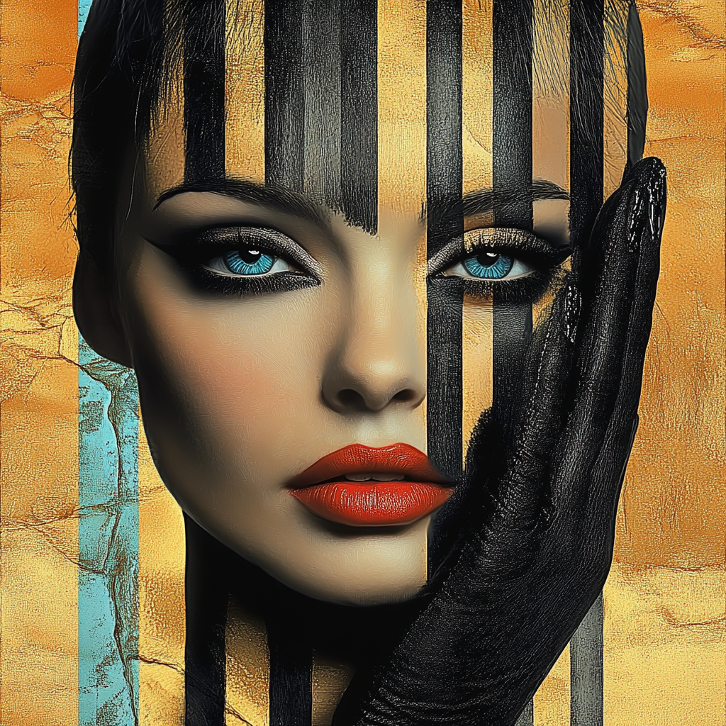 Porträt einer Frau mit intensiven blauen Augen, deren Gesicht von goldenen und schwarzen Streifen überzogen ist – eine Hand, mit schwarzer Farbe bedeckt, berührt ihre Wange. Surreal und symbolisch.
