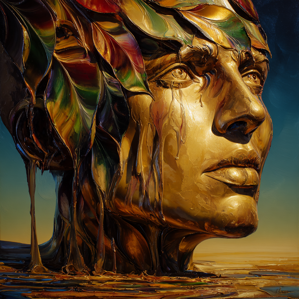 Goldener, schmelzender Kopf mit farbigen Blattmustern, der aus flüssigen
goldenen Strukturen aufsteigt.
