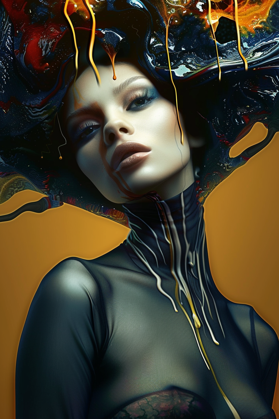Porträt einer Frau in dunkler, transluzenter Kleidung vor einem goldenen Hintergrund. Aus ihrem Kopf fließt eine glänzende, schwarze und goldene Flüssigkeit, die wie geschmolzenes Metall wirkt. Ihr Blick ist erhoben und zugleich entrückt – eine Mischung aus Stärke und Stille.

