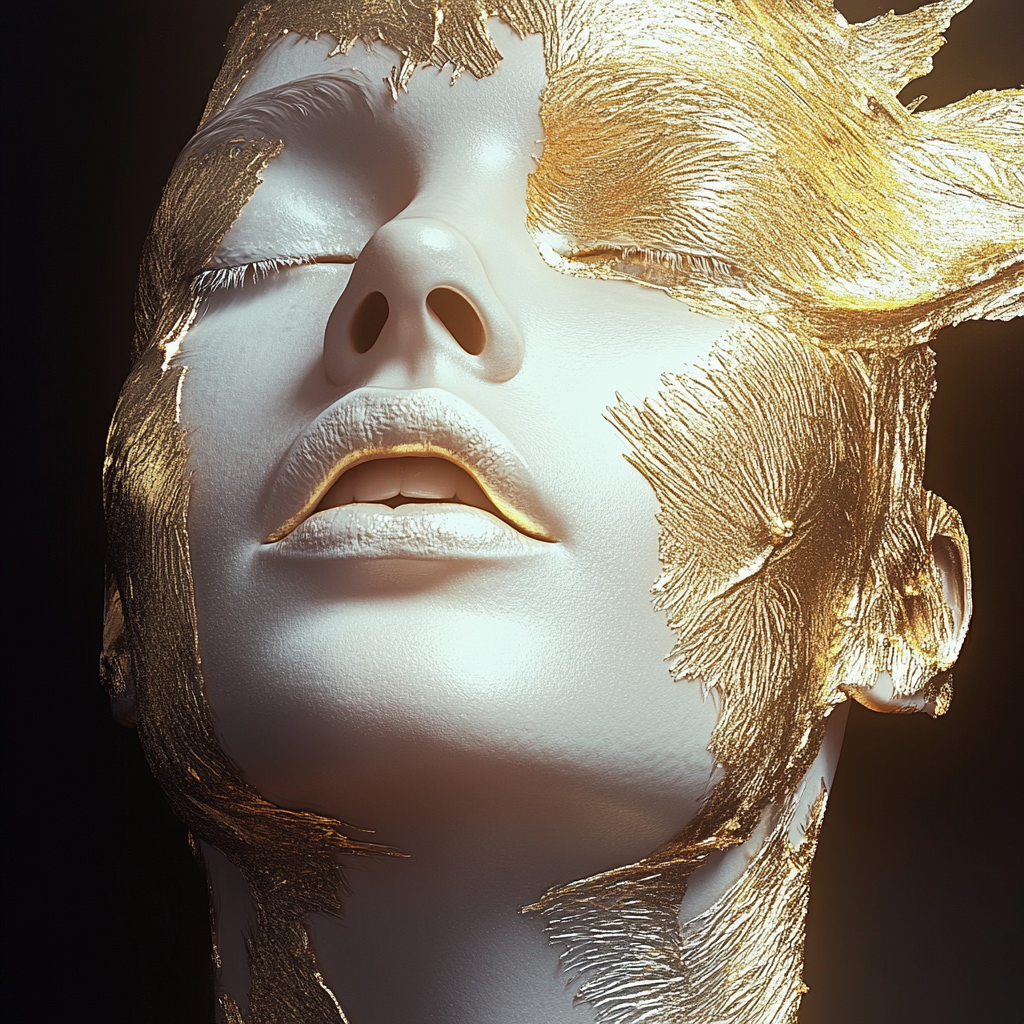 Nahaufnahme eines Gesichts mit geschlossenen Augen, überzogen von goldenen, strukturierten Pinselstrichen auf weißer Haut – Symbol für Transformation und inneres Licht.
