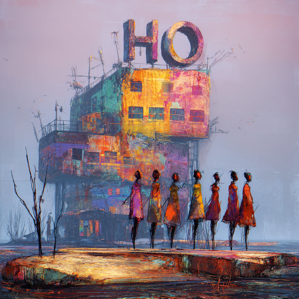 Expressionistische Stadtszene mit einem farbintensiven, verfallenen Gebäude und einer Gruppe von abstrakten, langgliedrigen Figuren in bunten Kleidern.
