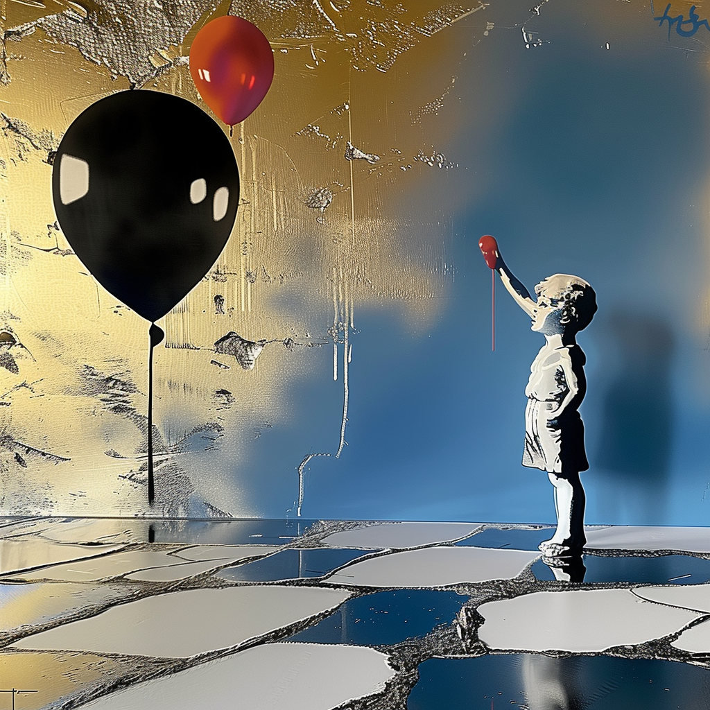 Ein Kind hält einen roten Herzluftballon in der Hand, während ein schwarzer Ballon über ihm schwebt – eine Szene voller Symbolik, Unschuld und Verlust, gemalt in einer kontrastreichen, metallischen Farbwelt.
