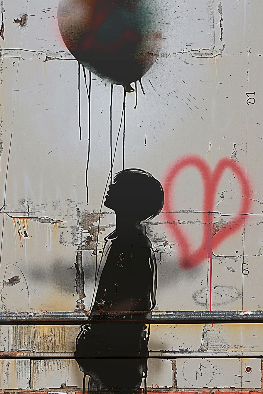 Street-Art mit der Silhouette eines Kindes, das einen Ballon hält, vor einer grauen Wand mit Herzgraffiti.
