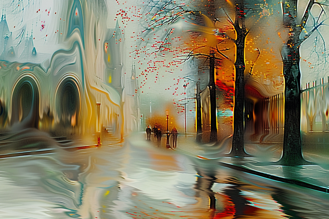 Abstrakte Darstellung einer nächtlichen Straßenszene im Regen mit spiegelnden Lichtern, Bäumen und Menschen in der Ferne – stimmungsvolle Mischung aus Bewegung und Melancholie.
