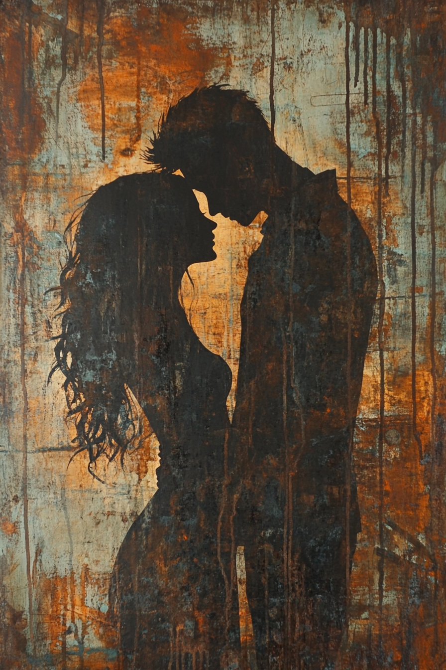 Ein gemaltes Silhouettenbild eines Paares, das sich eng gegenübersteht. Der Hintergrund ist von rostigen Braun-, Kupfer- und Blautönen geprägt, die an verwittertes Metall erinnern. Tropfspuren verlaufen über die Szene.
