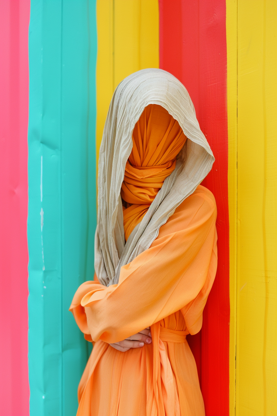 Farbintensives Porträt einer verschleierten Person in orangefarbenem Gewand vor buntem Hintergrund.
