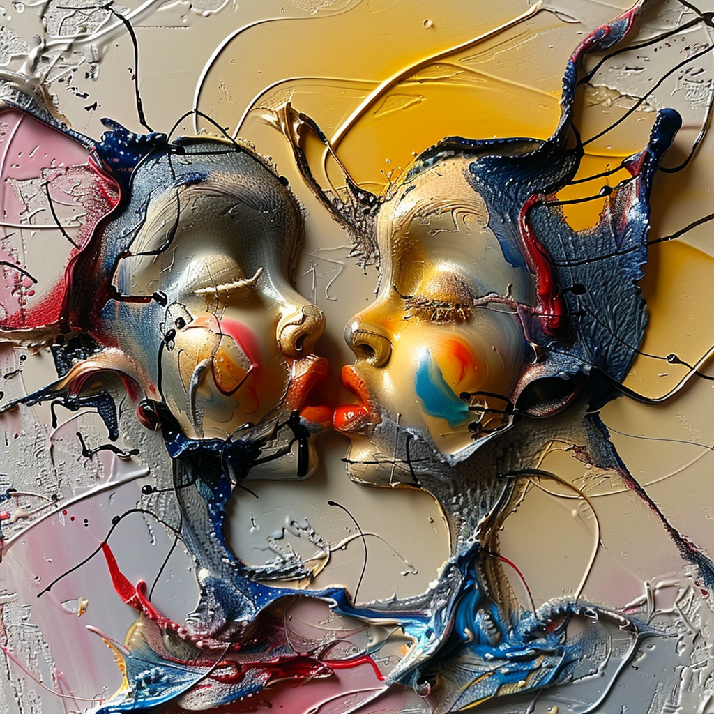 Zwei Gesichter im Moment der Berührung – surreale Komposition aus Gold, Farbe und Struktur, die Nähe und Transformation ausdrückt.
