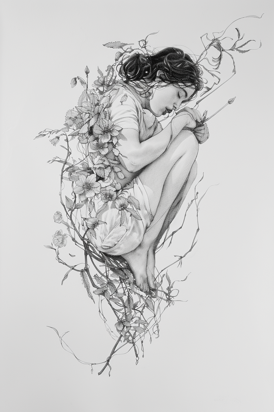 Feine Bleistiftzeichnung einer schlafenden Frau, umwoben von Blüten und Ranken, die sanft aus ihrem Körper zu wachsen scheinen.
