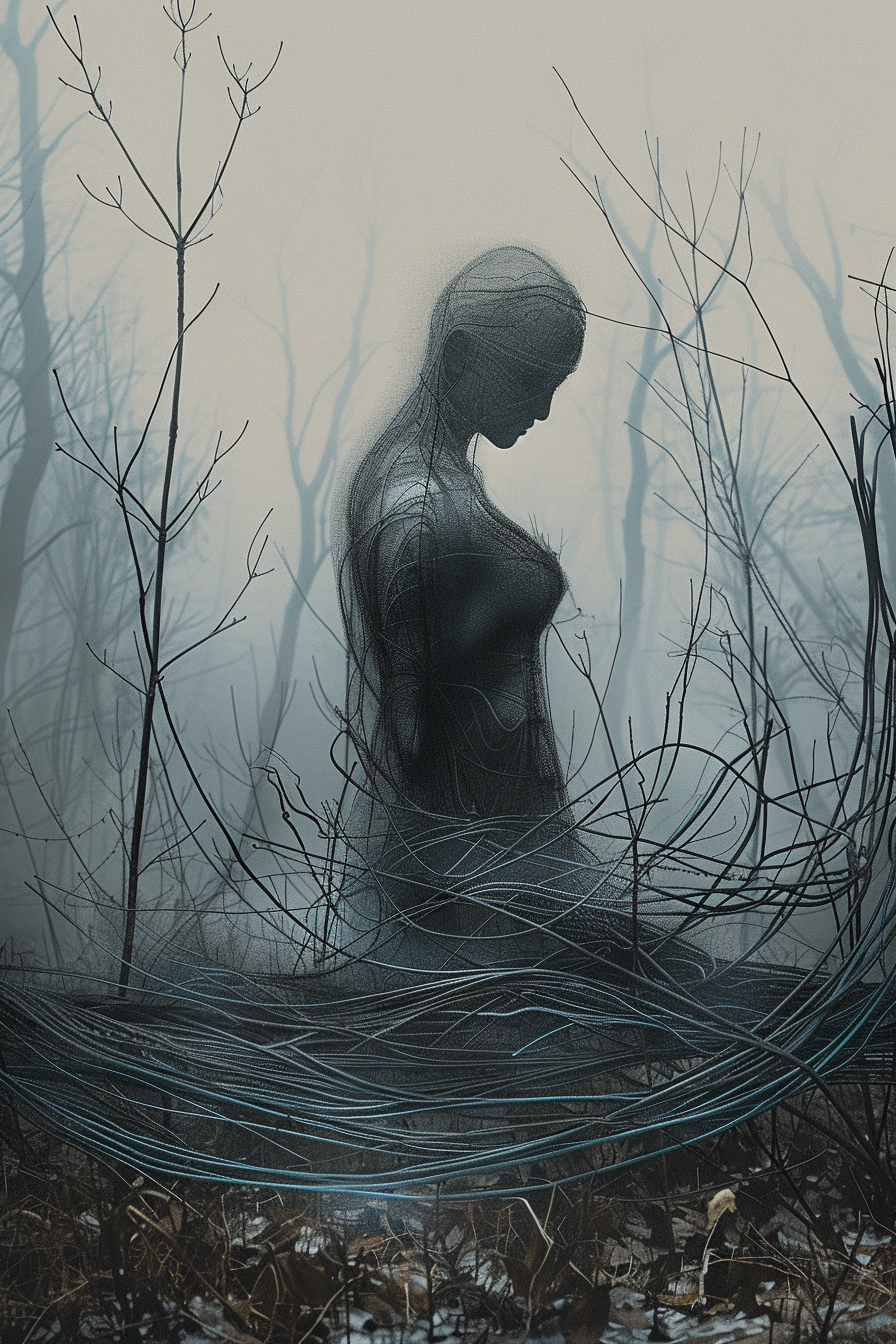 Düstere, abstrakte Figur aus Linien und Fäden in einer nebligen Waldlandschaft – Symbol für Verbindung, Vergänglichkeit und innere Isolation.
