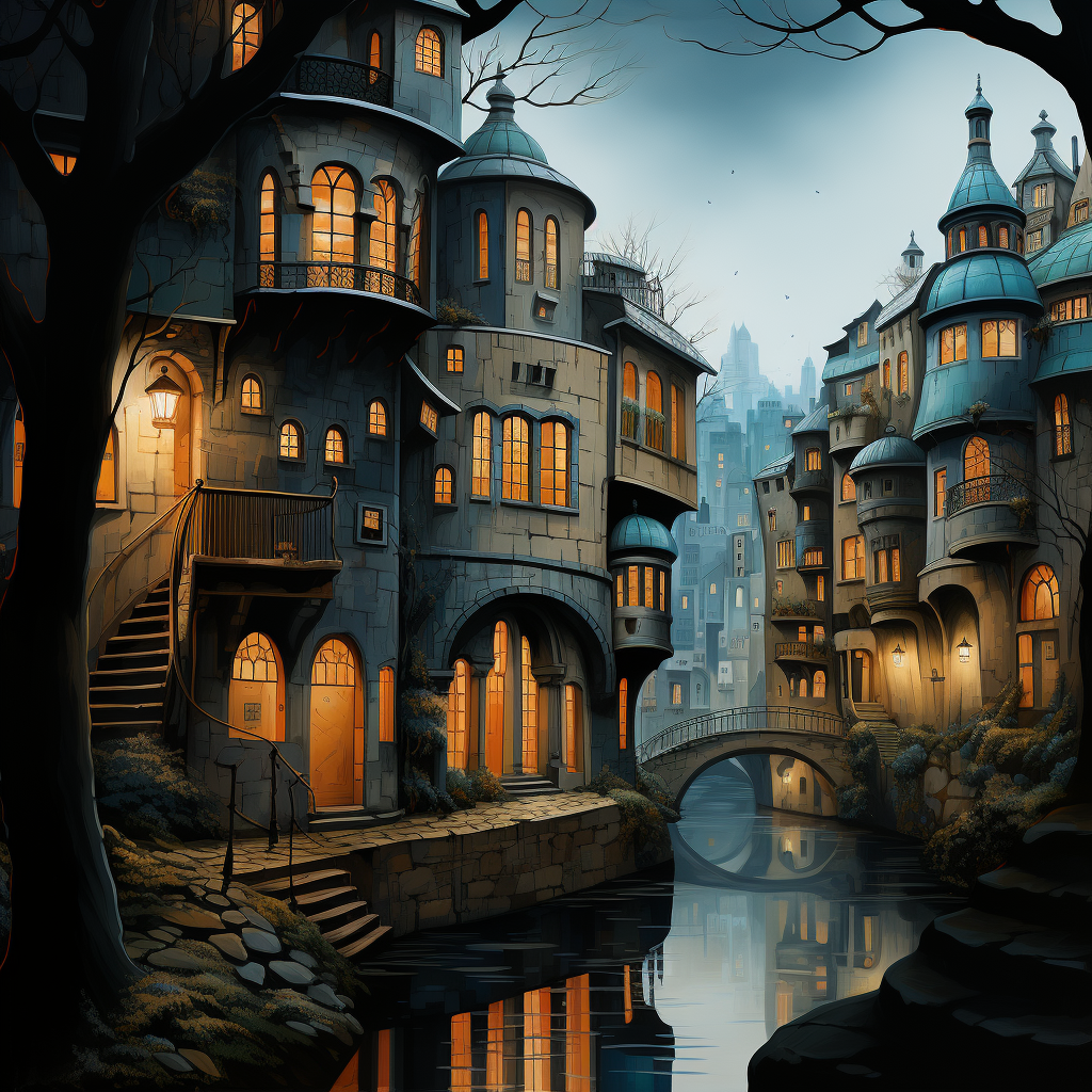 Malerische, verwunschene Altstadt mit beleuchteten Häusern an einem Fluss bei Dämmerung
