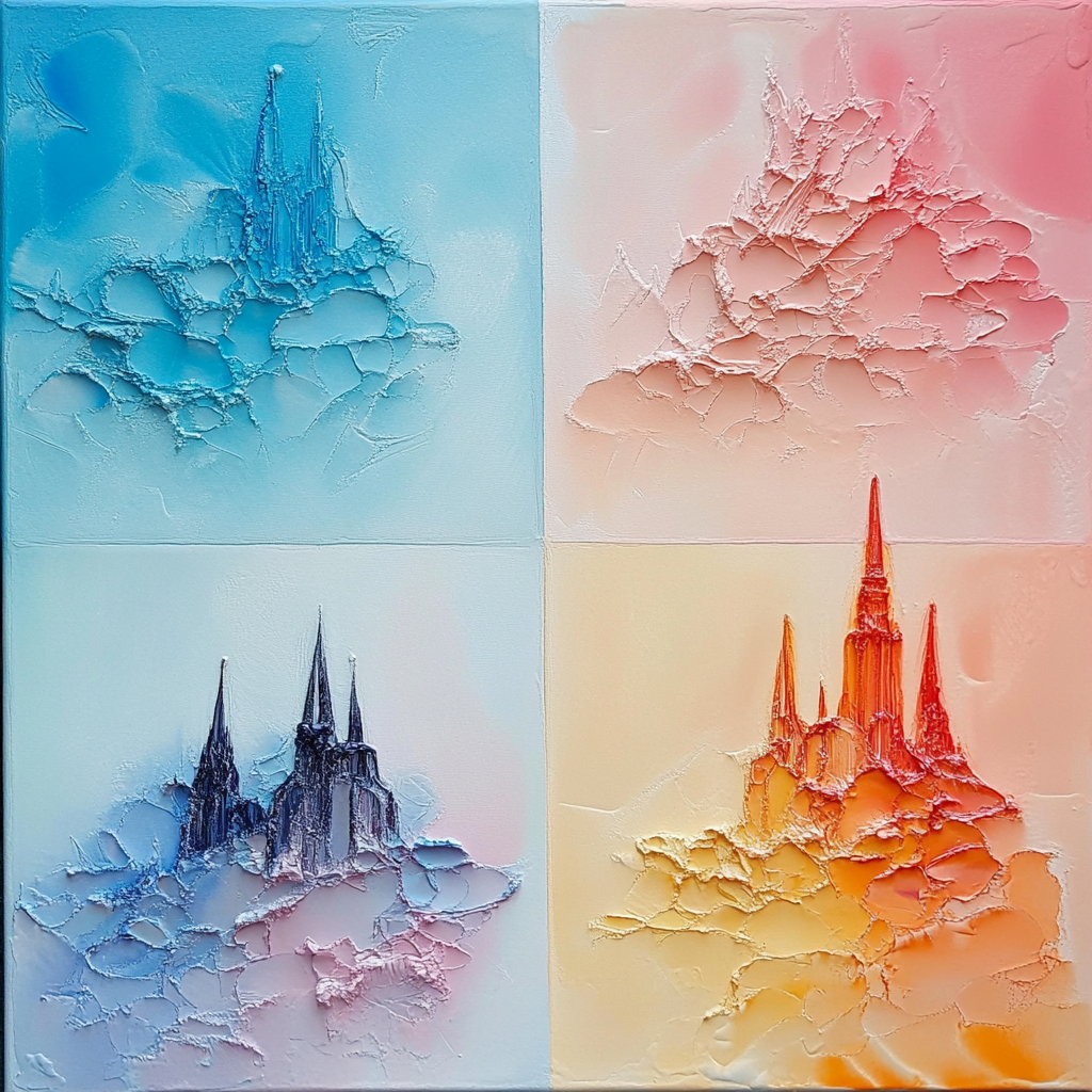 Vier farbige Quadranten mit Kathedralenmotiven in Blau, Rosa, Gelb und Orange – strukturierte, reliefartige Oberflächen symbolisieren Licht, Wandel und Zeit.
