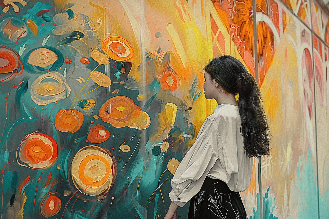 Eine Frau steht vor einer farbenfrohen Wand voller abstrakter Blumenmuster in Gelb-, Orange- und Blautönen und betrachtet sie nachdenklich.
