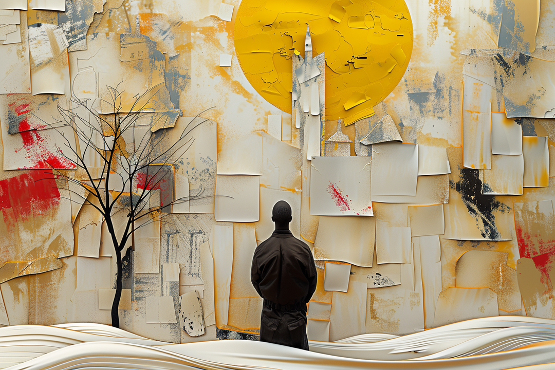 Symbolisches Kunstwerk mit einer stehenden Figur vor einer abstrakten Wand aus Schichten und Texturen. Ein karger Baum links, eine große goldene Sonne im Hintergrund. Warme Gelb- und Ockertöne dominieren das Bild, durchsetzt mit Rotakzenten.
