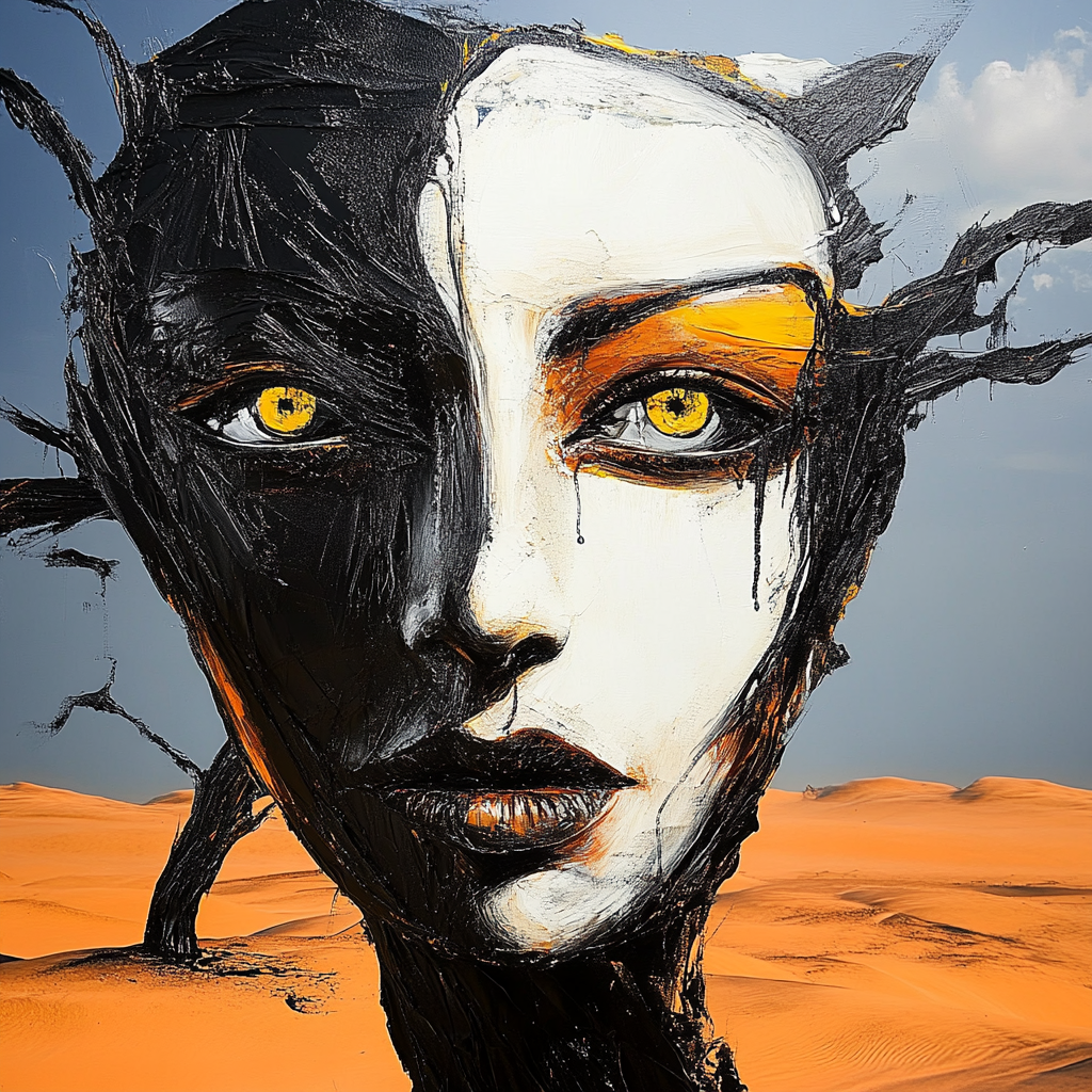 Abstraktes Porträt mit kontrastierendem Schwarz-Weiß-Gesicht inmitten einer orangefarbenen Wüstenlandschaft – eine symbolische Darstellung von Licht und Schatten.
