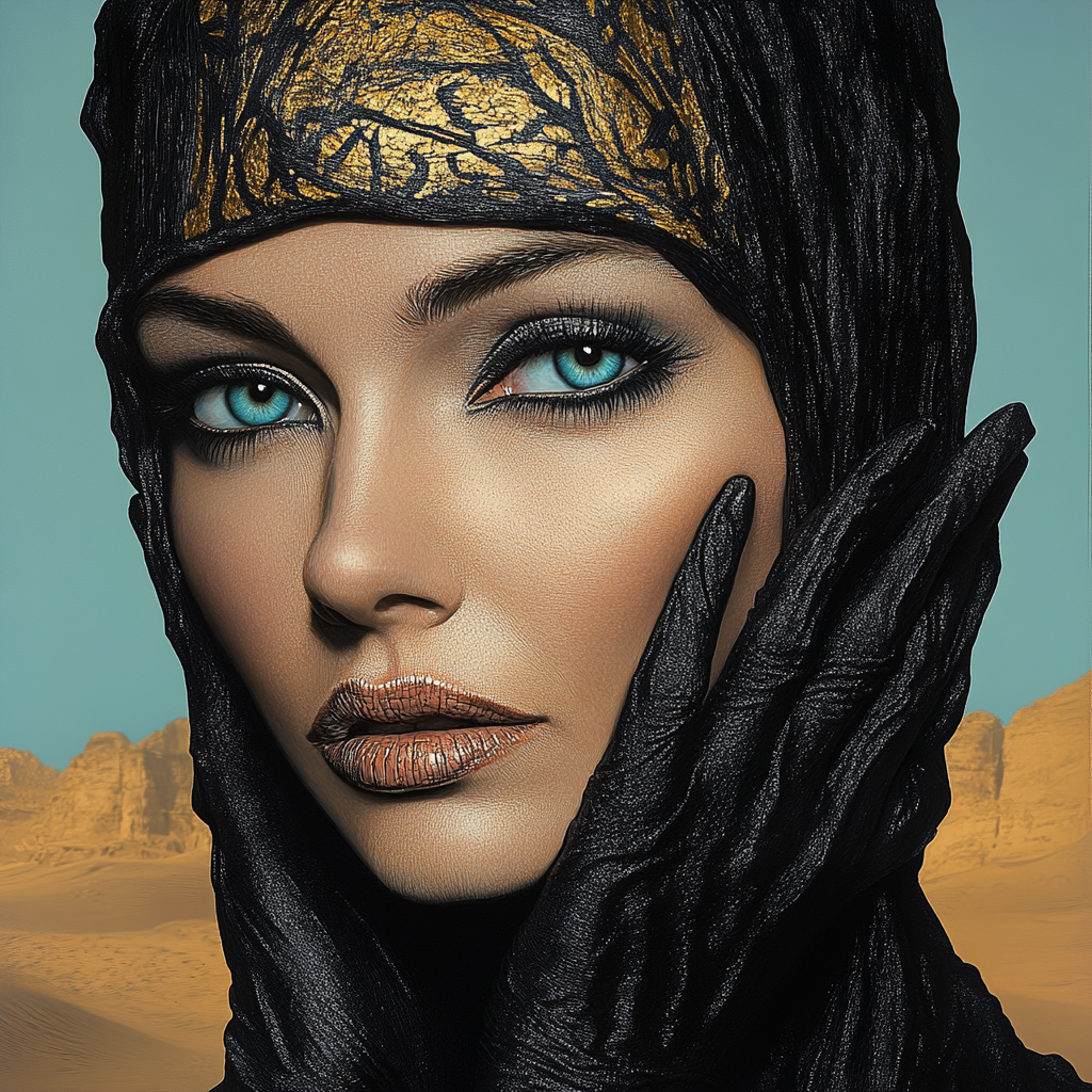 Porträt einer Frau mit türkisfarbenen Augen und schwarzen, in Gold gemusterten Kopfschmuck. Schwarze, elegant geformte Hände rahmen ihr Gesicht. Im Hintergrund eine Wüstenlandschaft mit Felsen unter blauem Himmel.
