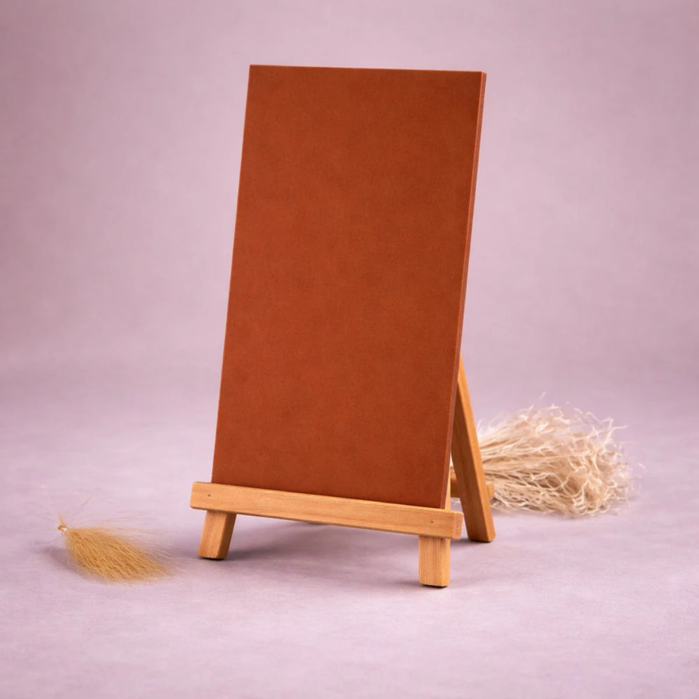 mittelbraune wachsplatte zur kerzengestaltung auf kleiner holzstaffelei vor neutralem beigem hintergrund