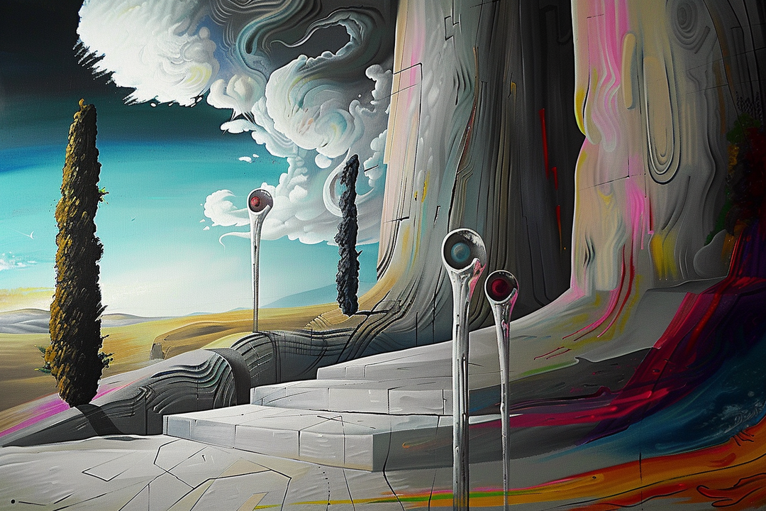 surrealistische landschaft mit architektonischen formen und leuchtenden figuren
