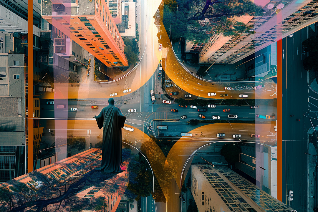 kunstwerk mit statue ueber verkehrskreuzung in grosser stadt von oben
