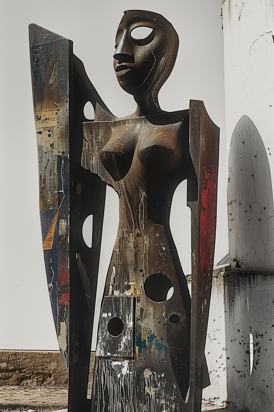 abstrakte holzskulptur einer weiblichen figur mit geometrischen elementen
