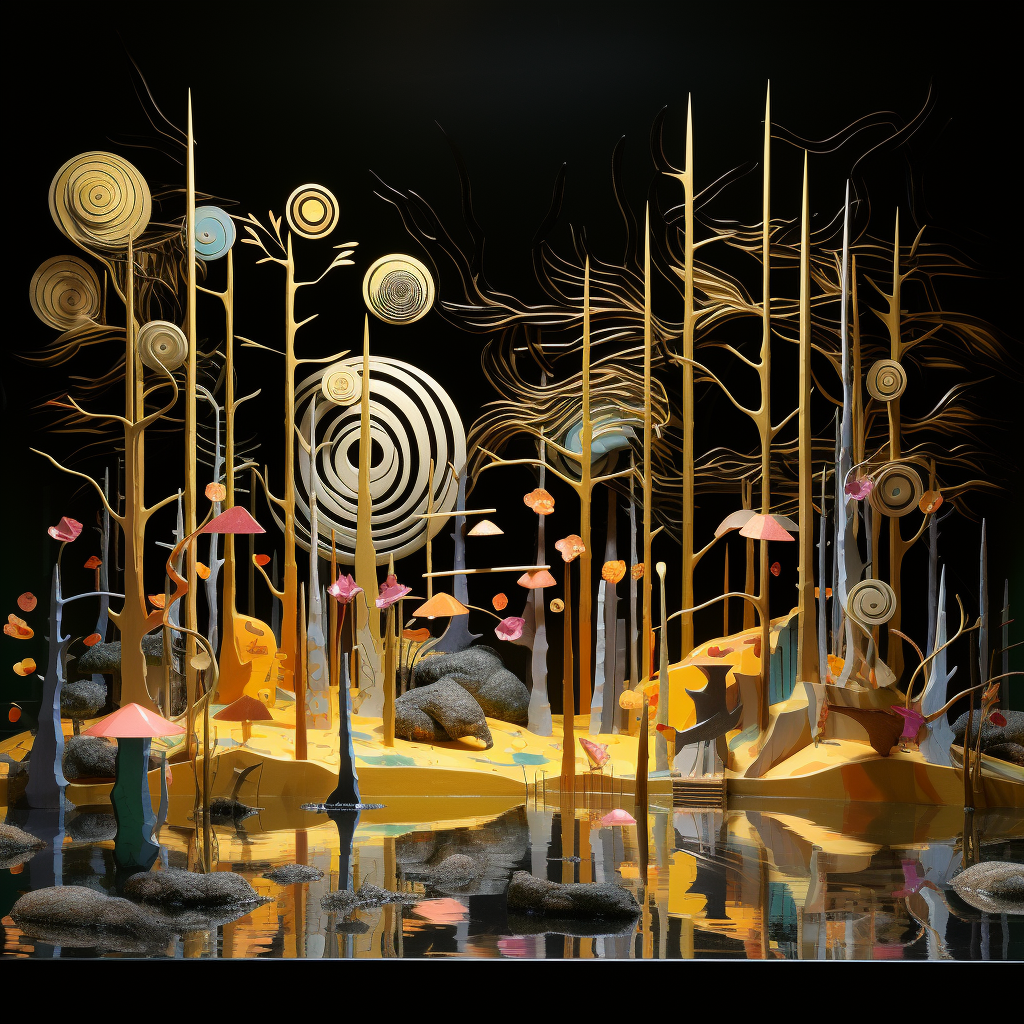 Surrealer Wald mit goldenen, spiralförmigen Bäumen und schwebenden Pilzen über spiegelndem Wasser in nächtlicher Atmosphäre.
