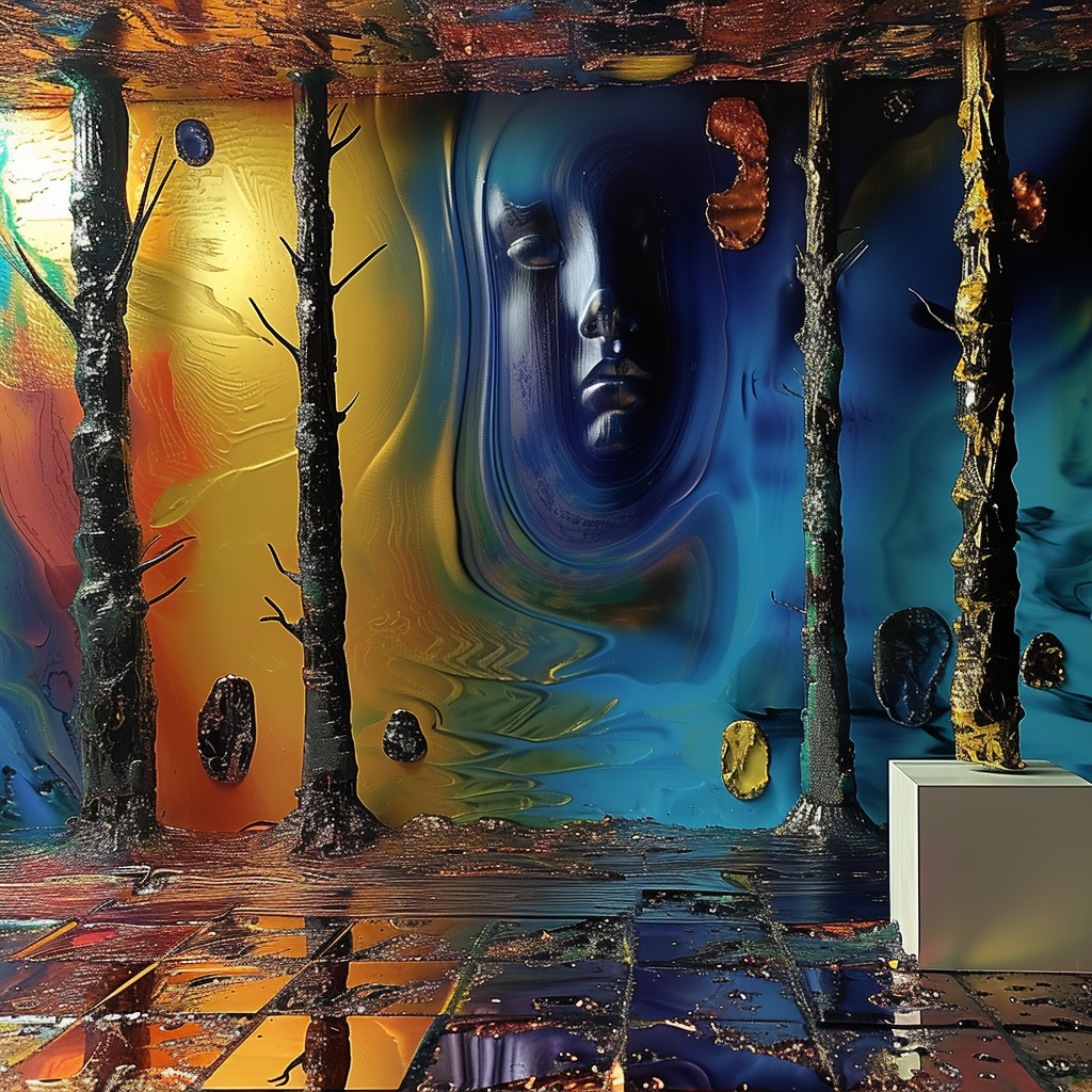 Surreale Waldszene mit dunklen, baumähnlichen Formen, einer großen schwebenden Gesichtsstruktur in der Wand und einem farbintensiven, flüssig wirkenden Hintergrund in Blau-, Gold- und Orangetönen.
