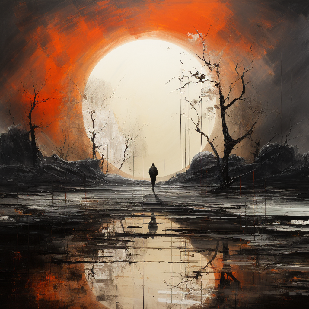 Atmosphärisches Kunstwerk mit einer einzelnen Figur, die auf einen hellen, riesigen Sonnenkreis zugeht, umgeben von dunkler Landschaft und glühend rotem Himmel.
