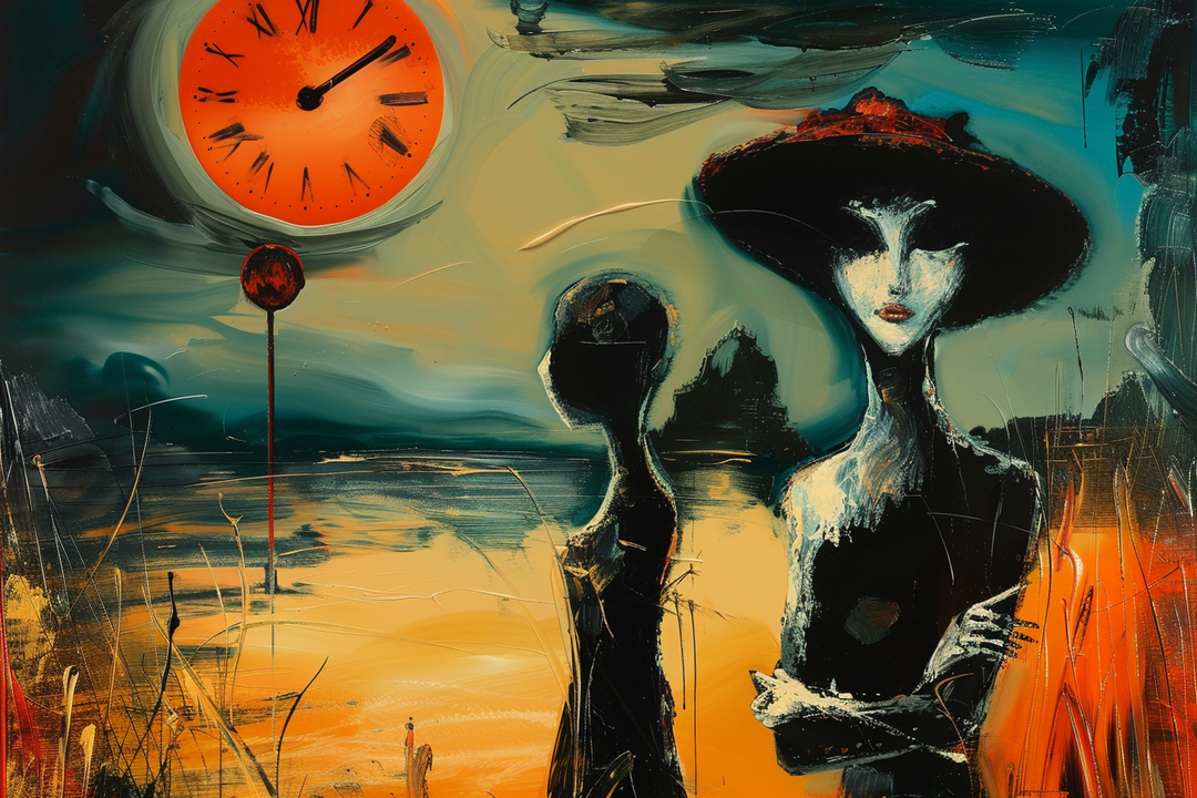 Zwei Figuren in einer traumhaften Landschaft unter einer großen roten Uhr – surreales Sinnbild von Zeit, Erwartung und Erinnerung.
