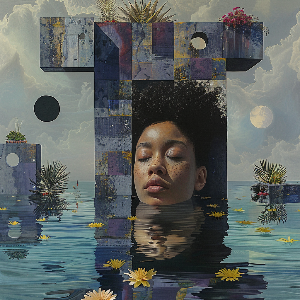 Surreales Porträt einer Frau mit geschlossenen Augen, deren Kopf aus einem stillen, blühenden Wasserbecken ragt, umgeben von geometrischer Architektur und weichem Himmelslicht.
