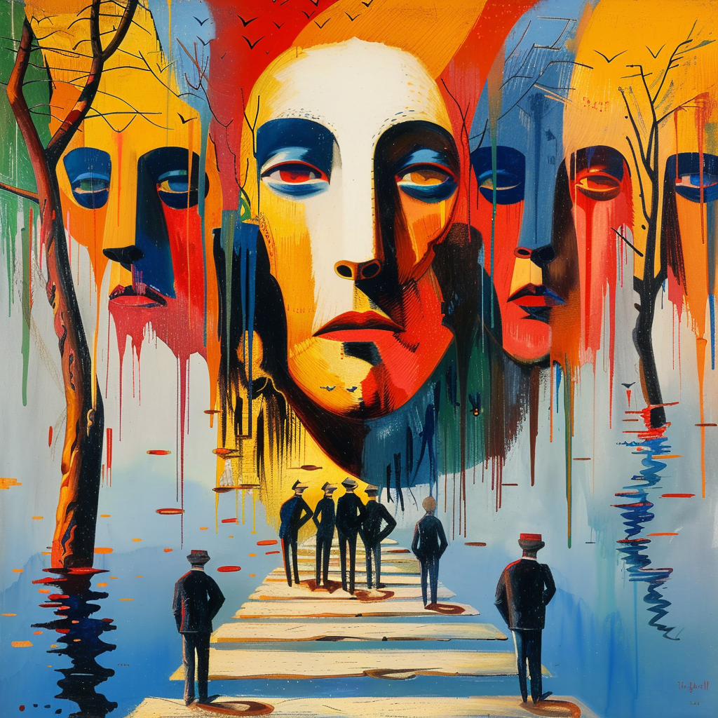 Surrealistische digitale Kunst mit großen Gesichtern und kleinen Figuren auf einem Weg über Wasser – intensive Farben und Symbolik.
