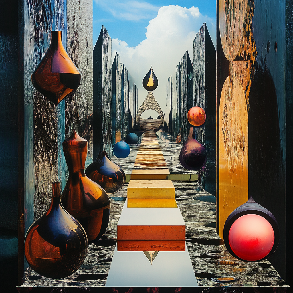 Surreale Architektur mit Kugeln und geometrischen Formen in leuchtenden Farben
