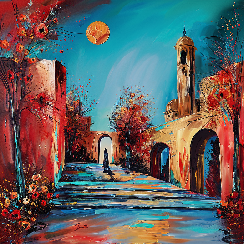 Leuchtend farbenfrohes Gemälde einer Person auf einer Straße zwischen rötlichen Mauern und goldgelben Gebäuden. Blühende Bäume und ein warmer Himmel mit goldener Sonne erzeugen eine poetische, mediterrane Atmosphäre.
