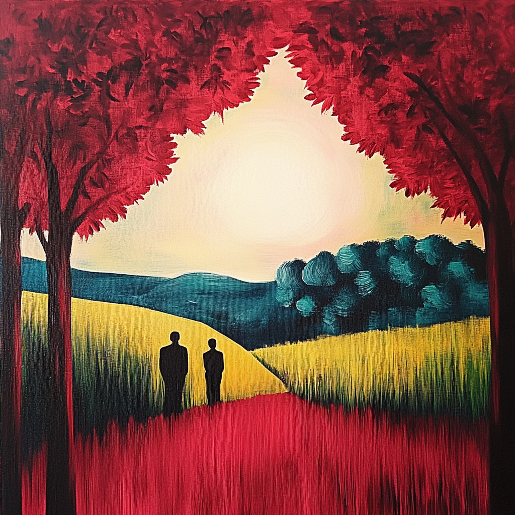 Zwei Personen gehen auf einem Pfad zwischen roten Bäumen in eine sonnige Landschaft
