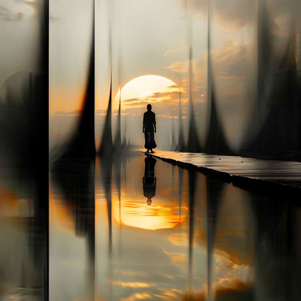 Silhouette einer Person, die bei Sonnenuntergang auf einem schmalen Steg über spiegelndes Wasser geht – Symbol für Reise, Bewusstsein und Frieden
