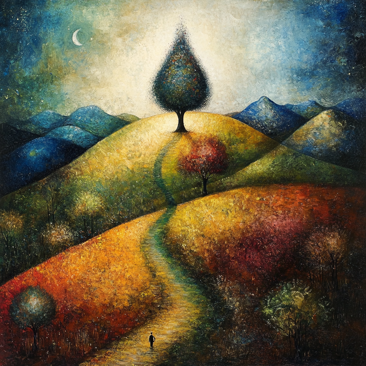 Symbolisches Gemälde eines einsamen Weges durch farbige Hügel zu einem leuchtenden Baum unter Mondlicht.
