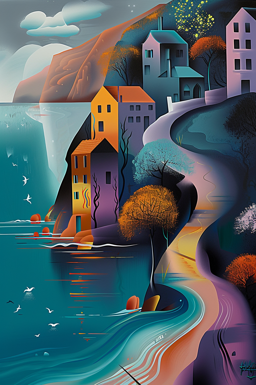 Abstrakte Landschaft mit Häusern an einer Küste, geschwungenem Weg und bunten Bäumen – harmonische Komposition in Türkis, Orange und Violett mit surrealer Lichtstimmung.
