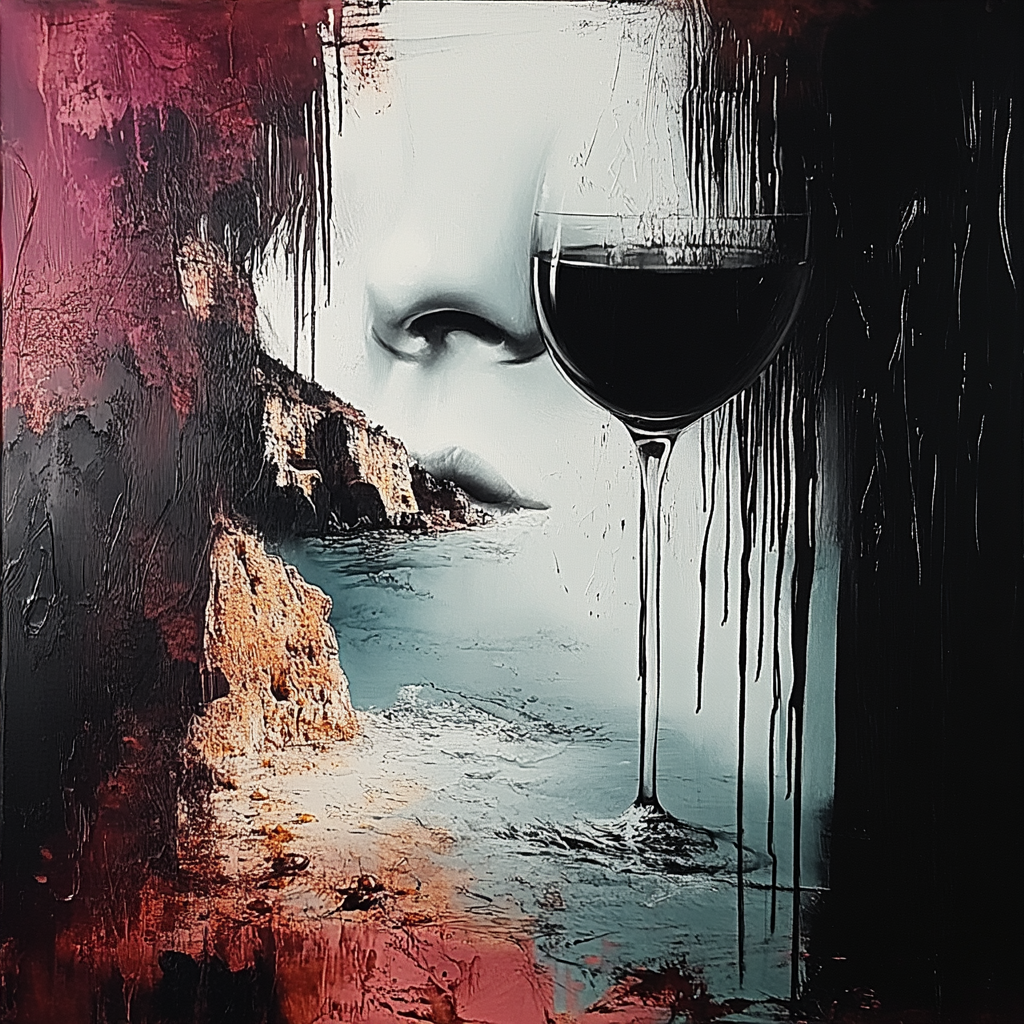 surrealistisches gesicht mit weinglas und meer im hintergrund
