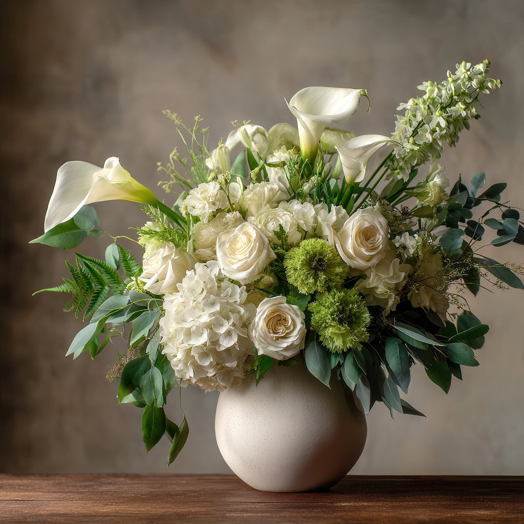 Weiß-grünes Blumenarrangement mit Rosen, Calla und Hortensien in einer runden Vase.
