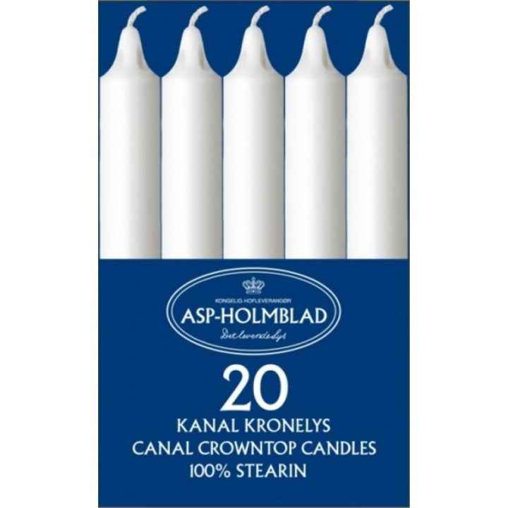 Verpackung mit 20 weißen Kronkerzen aus 100 % Stearin von ASP-HOLMBLAD, in blau-weißer Box mit Sichtfenster.