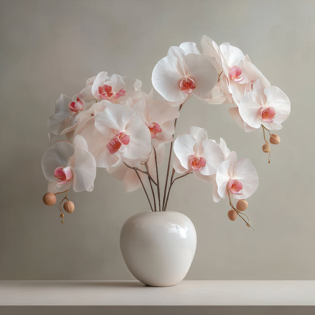 Elegante weiße Orchideen mit rosa Zentren in einer runden Keramikvase.
